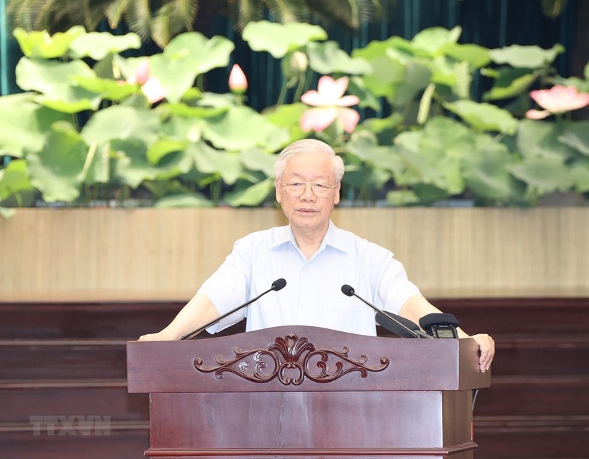 Tổng Bí thư Nguyễn Phú Trọng phát biểu kết luận tại buổi làm việc với Ban Thường vụ Thành ủy, cán bộ chủ chốt của TP HCM. Ảnh: TTXVN